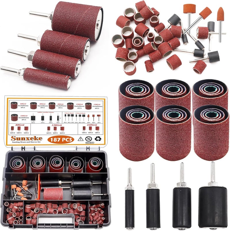 Sunxeke 187-Piece Sanding Drum Kit for Drill & Drill Press – Includes 2inch Spindle Sander Sleeves (60/80/120/240 Grit), 4 Rubber Sanding Drums, 1/4-Inch Shank,Versatile Sander Accessory with Box - Image 1